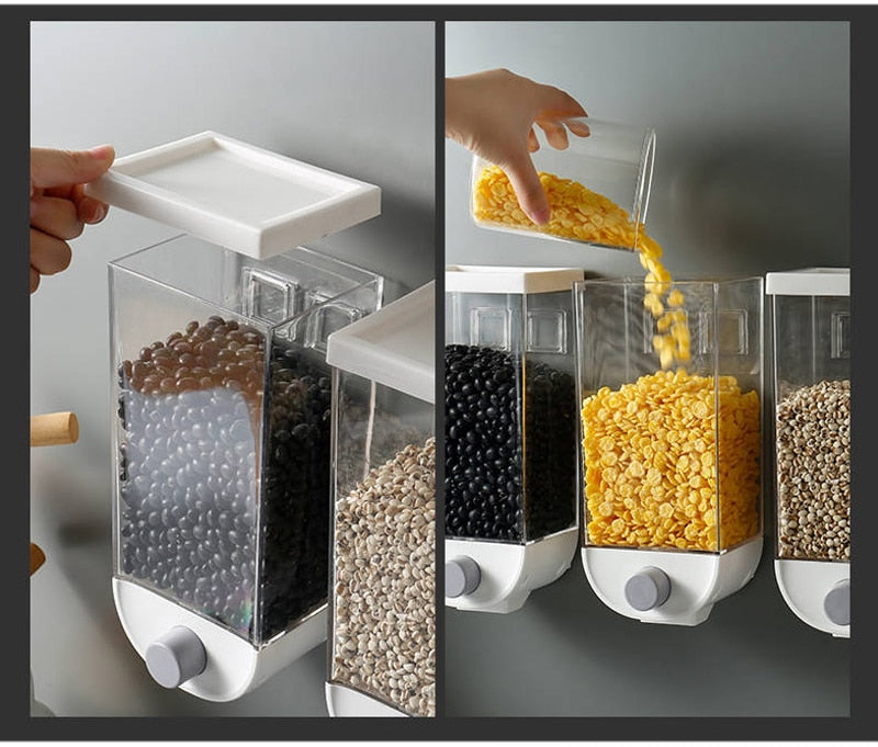 Wall-Mounted Cereal Storage Boxes, cool gadgets, kitchen hacks, kitchen haxxs, kitchen products, cereal box, food box, grain box, food storage